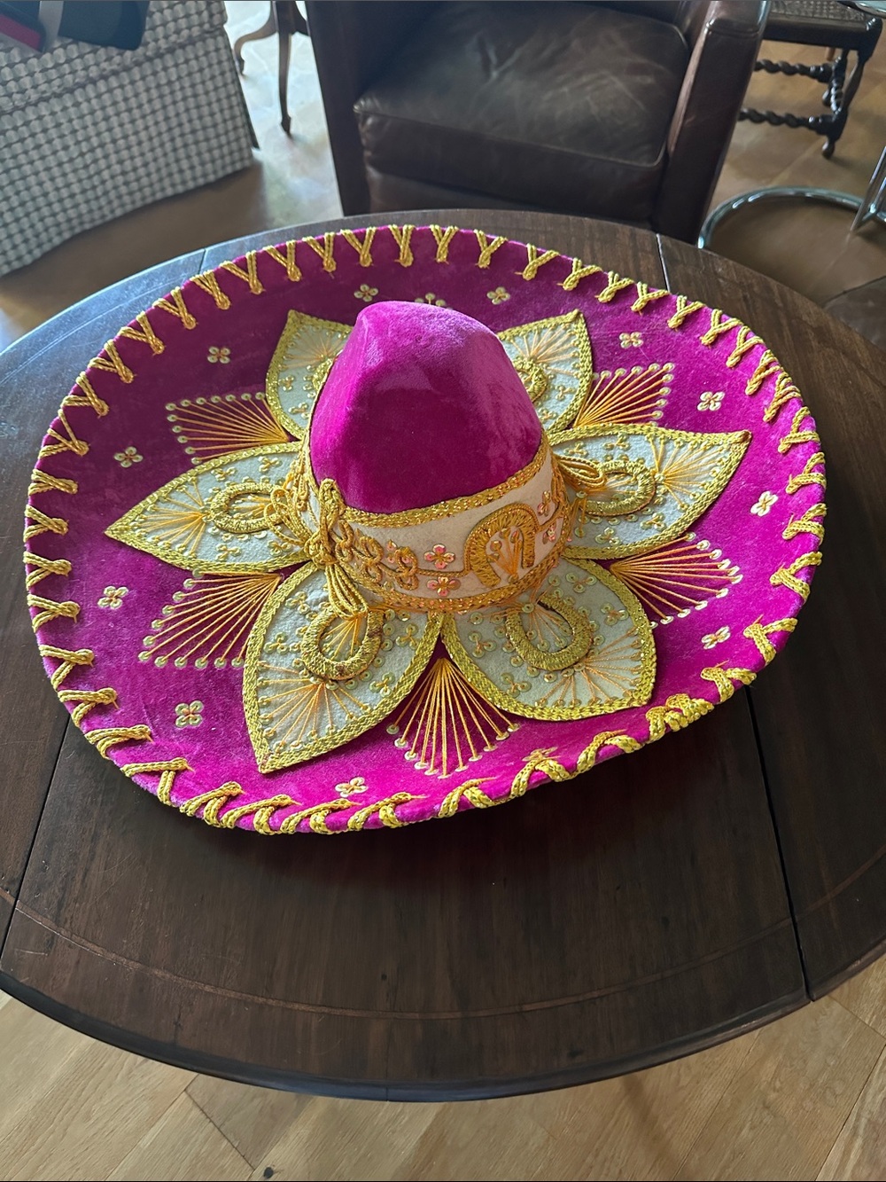 Hot Pink Velvet and Gold Decorative Sombrero - Festive Home Accent or Costume